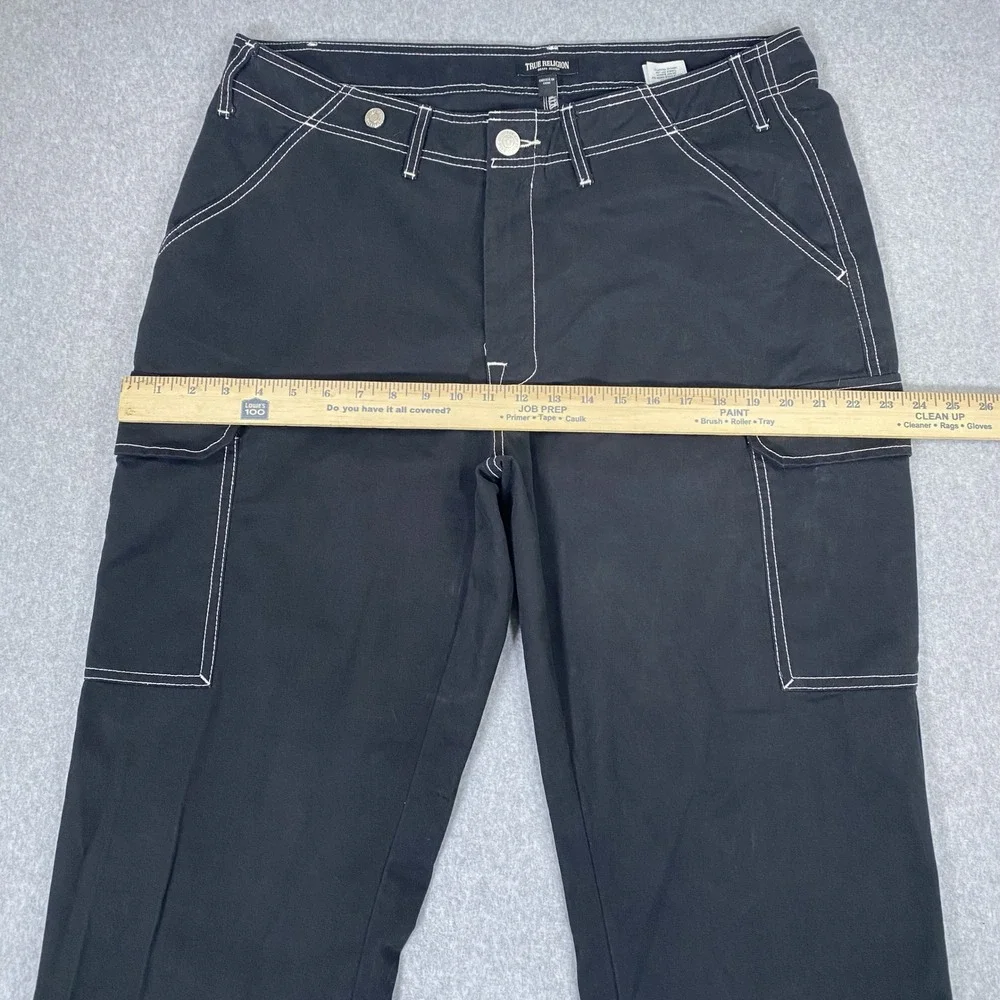 True Religion Cargo Pants Mens 36 Black White Contrast Stitch Horseshoe Logo
